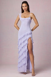 Asymmetric Ruffled Lace-Up Gown in Lilac